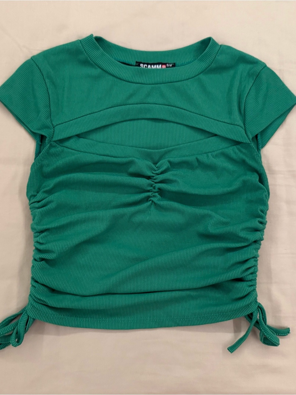 SCAMM Bright Green Ribbed Cutout Side-Tie Crop Top